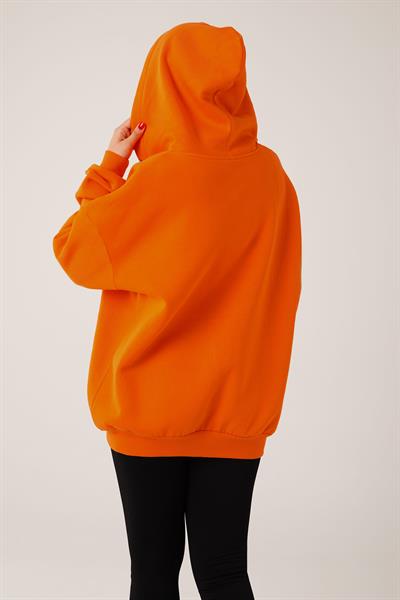 Kapüşonlu Oversize Cepli Spor Oranj Hırka