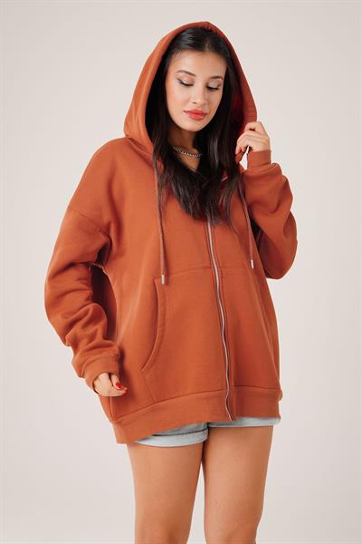 Kapüşonlu Oversize Cepli Spor Kiremit Hırka
