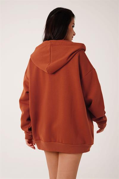 Kapüşonlu Oversize Cepli Spor Kiremit Hırka