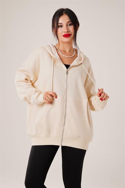 Kapüşonlu Oversize Cepli Spor Bej Hırka