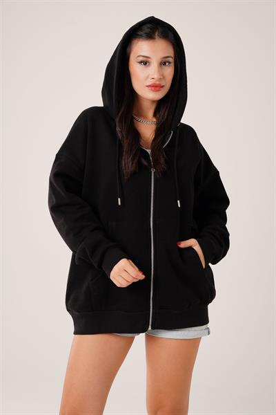 Kapüşonlu Oversize Cepli Spor Siyah Hırka