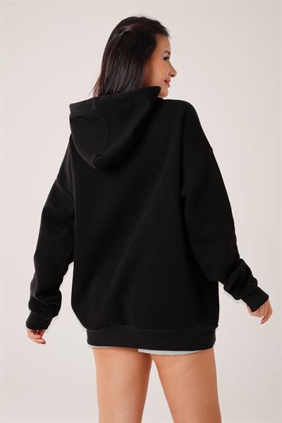 Kapüşonlu Oversize Cepli Spor Siyah Hırka