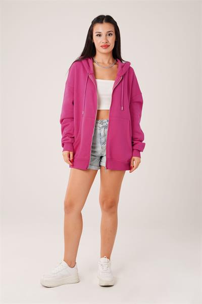 Kapüşonlu Oversize Cepli Spor Fuşya Hırka