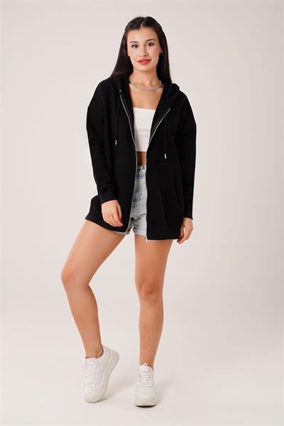 Kapüşonlu Oversize Cepli Spor Siyah Hırka