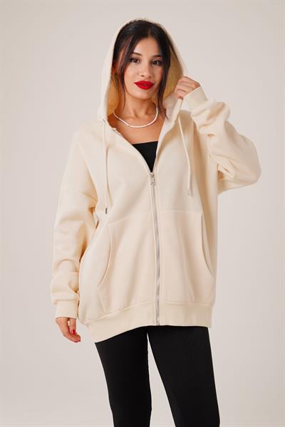 Kapüşonlu Oversize Cepli Spor Bej Hırka