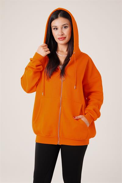 Kapüşonlu Oversize Cepli Spor Oranj Hırka