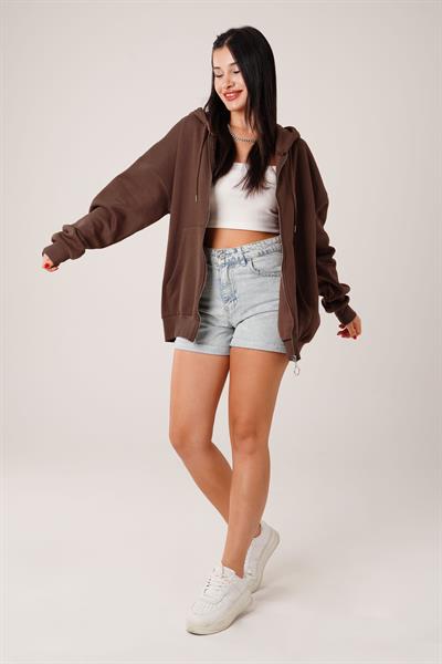 Kapüşonlu Oversize Cepli Spor Kahve Hırka