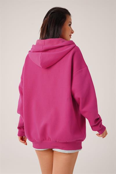 Kapüşonlu Oversize Cepli Spor Fuşya Hırka