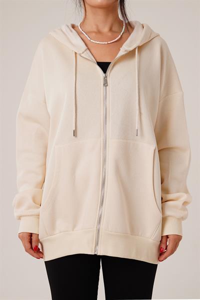 Kapüşonlu Oversize Cepli Spor Bej Hırka
