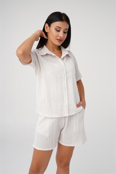 Salaş Kesim Ekru Gömlek Şort Takım