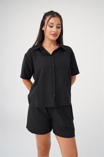 Salaş Kesim Siyah Gömlek Şort Takım