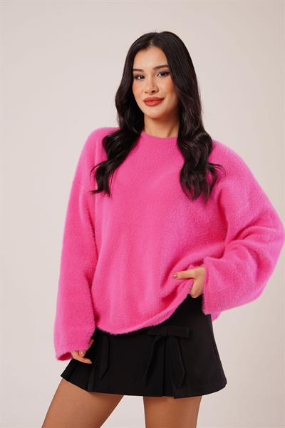 Salaş Kol Sakallı Fuşya Triko Kazak