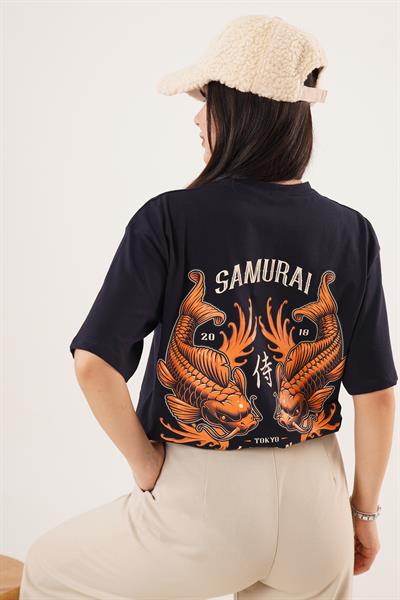 Arka ve Ön Samurai Baskılı Lacivert Tişört