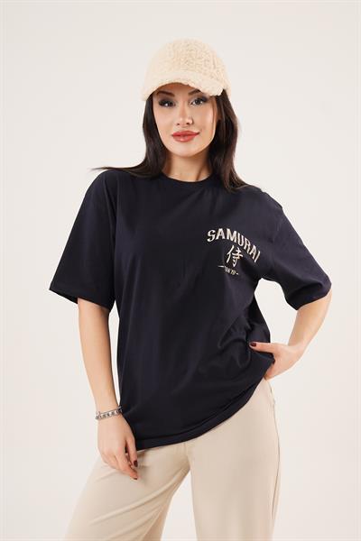 Arka ve Ön Samurai Baskılı Lacivert Tişört