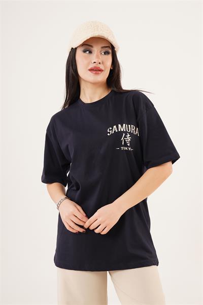Arka ve Ön Samurai Baskılı Lacivert Tişört