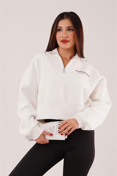 Sanfrancisco Baskılı Yarım Fermuar Beyaz Sweatshirt