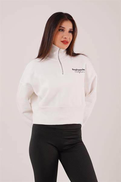 Sanfrancisco Baskılı Yarım Fermuar Beyaz Sweatshirt