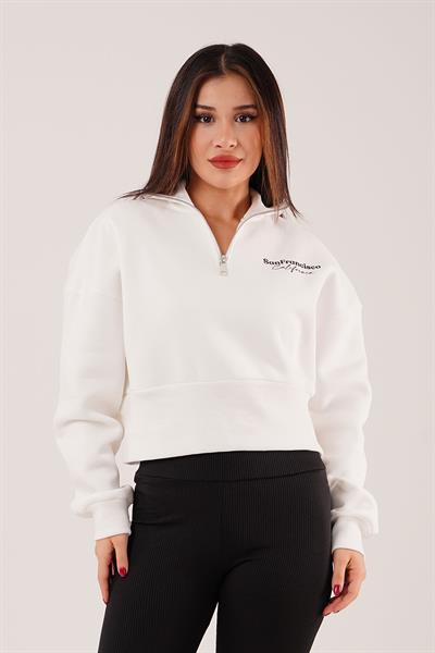Sanfrancisco Baskılı Yarım Fermuar Beyaz Sweatshirt