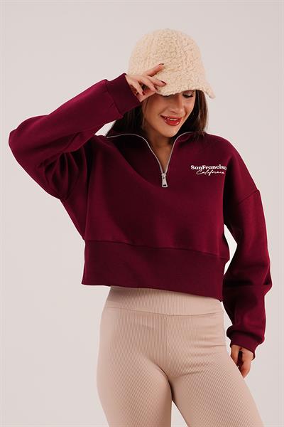 Sanfrancisco Baskılı Yarım Fermuar Bordo Sweatshirt