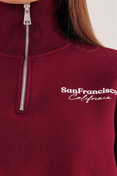 Sanfrancisco Baskılı Yarım Fermuar Bordo Sweatshirt