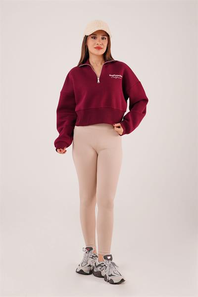 Sanfrancisco Baskılı Yarım Fermuar Bordo Sweatshirt