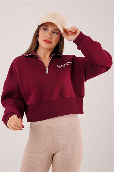 Sanfrancisco Baskılı Yarım Fermuar Bordo Sweatshirt