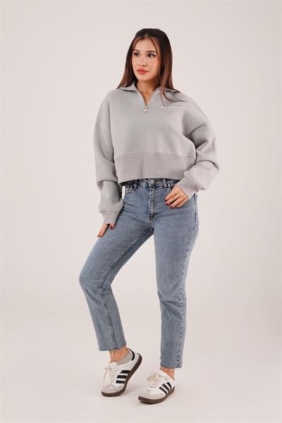 Sanfrancisco Baskılı Yarım Fermuar Gri Sweatshirt