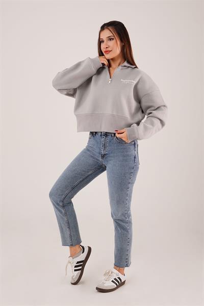 Sanfrancisco Baskılı Yarım Fermuar Gri Sweatshirt