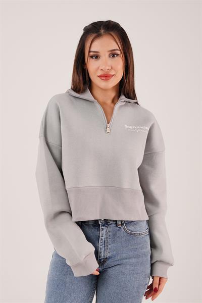 Sanfrancisco Baskılı Yarım Fermuar Gri Sweatshirt