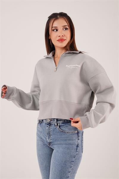 Sanfrancisco Baskılı Yarım Fermuar Gri Sweatshirt