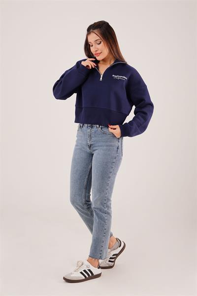 Sanfrancisco Baskılı Yarım Fermuar Lacivert Sweatshirt
