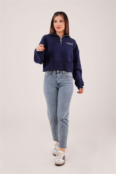 Sanfrancisco Baskılı Yarım Fermuar Lacivert Sweatshirt