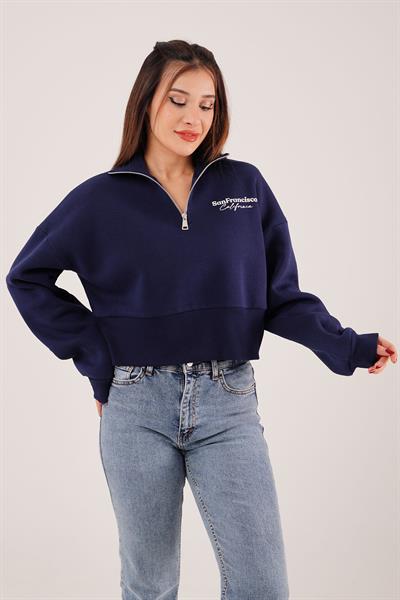 Sanfrancisco Baskılı Yarım Fermuar Lacivert Sweatshirt