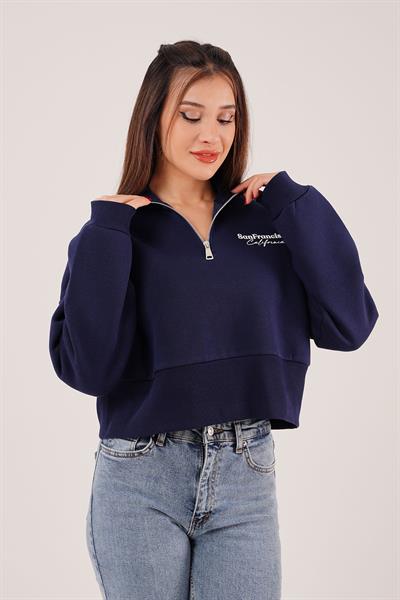 Sanfrancisco Baskılı Yarım Fermuar Lacivert Sweatshirt