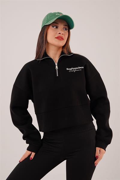 Sanfrancisco Baskılı Yarım Fermuar Siyah Sweatshirt