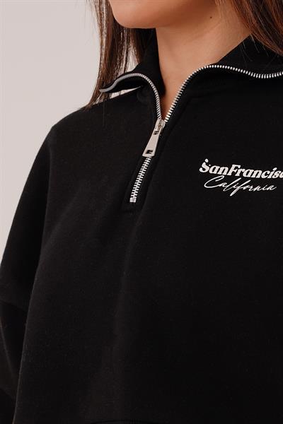 Sanfrancisco Baskılı Yarım Fermuar Siyah Sweatshirt