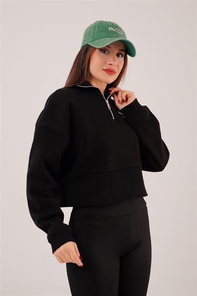 Sanfrancisco Baskılı Yarım Fermuar Siyah Sweatshirt
