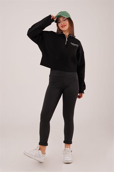 Sanfrancisco Baskılı Yarım Fermuar Siyah Sweatshirt