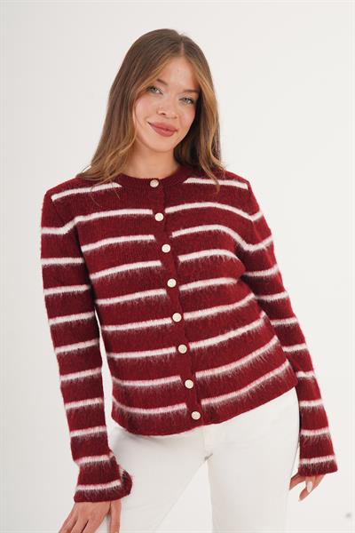 Şardonlu Çizgi Detaylı Bordo Triko Hırka