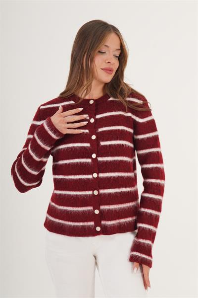 Şardonlu Çizgi Detaylı Bordo Triko Hırka