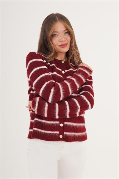 Şardonlu Çizgi Detaylı Bordo Triko Hırka
