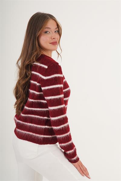 Şardonlu Çizgi Detaylı Bordo Triko Hırka