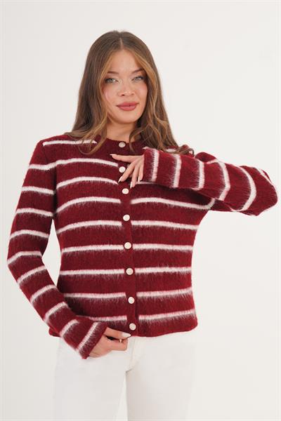 Şardonlu Çizgi Detaylı Bordo Triko Hırka