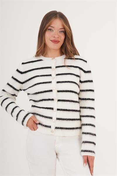 Şardonlu Çizgi Detaylı Ekru Triko Hırka