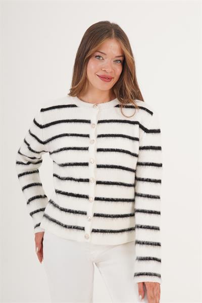 Şardonlu Çizgi Detaylı Ekru Triko Hırka