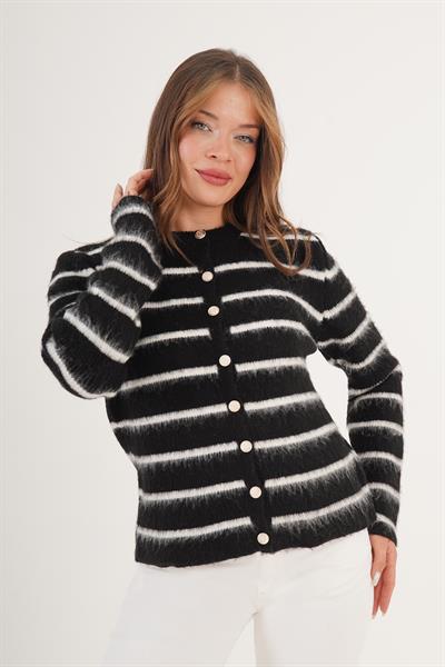 Şardonlu Çizgi Detaylı Siyah Triko Hırka