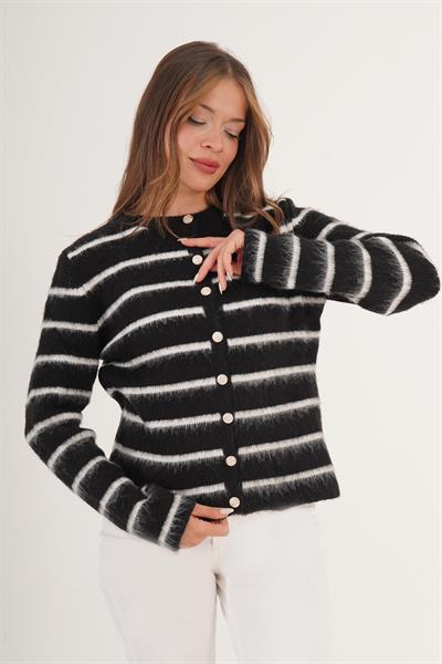 Şardonlu Çizgi Detaylı Siyah Triko Hırka