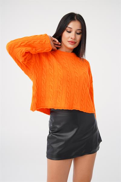 Sarmal Desen Bisiklet Yaka Oranj Triko Kazak