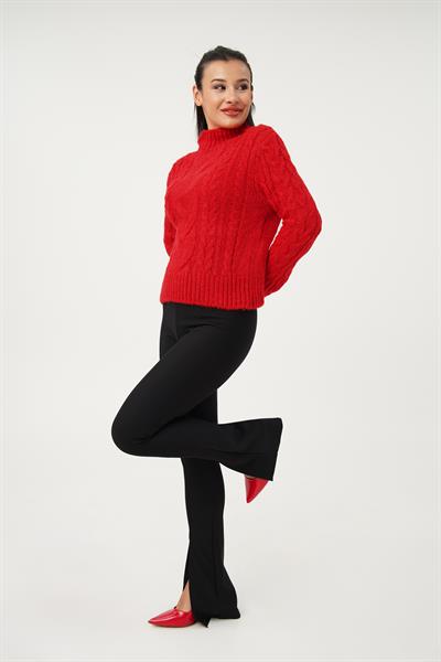Sarmal Örgü Model Kırmızı Triko Kazak