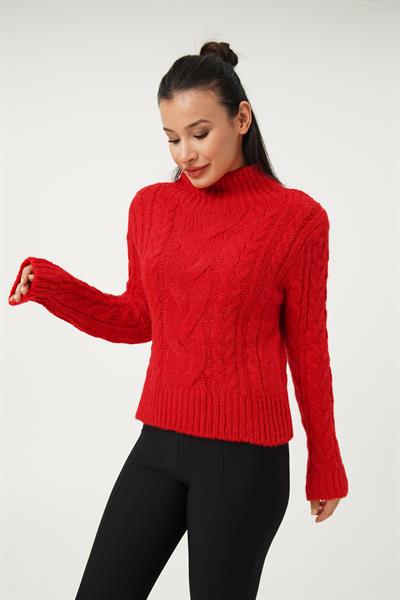 Sarmal Örgü Model Kırmızı Triko Kazak